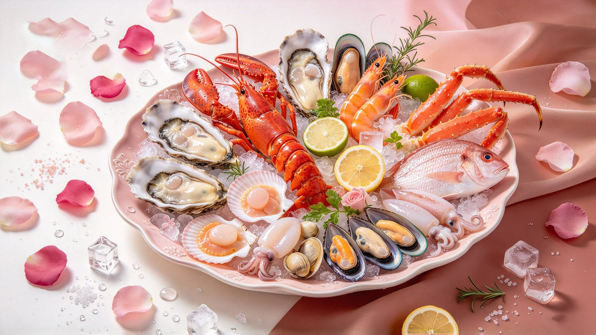 Seafood platter on ice with lobster, oysters and prawns
